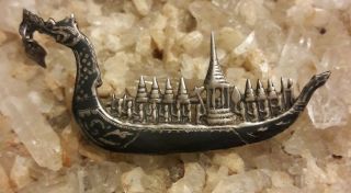 Old Vintage Siam Sterling Silver Black Enamel Dragon Boat Pin Brooch Signed