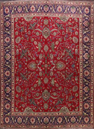 Vintage Allover Floral Red Tebriz Hand - Knotted Area Rug Dining Room Carpet 10x12
