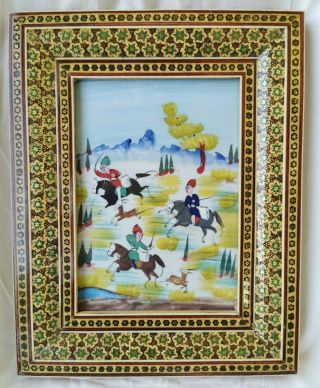Vintage Persian Miniature Painting Khatam Marquetry Inlaid Micro Mosaic Frame