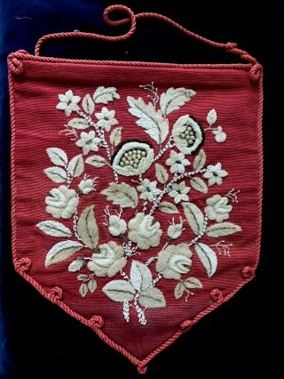 Antique Glass And Steel Bead Work And Pink Tapestry Hanging Panel 41 X 50 Cm