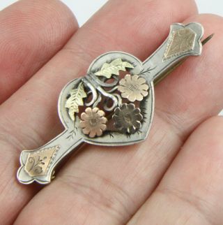 Antique Victorian Birmingham Hm 1893 Sterling Silver Gold Accent Brooch Pin