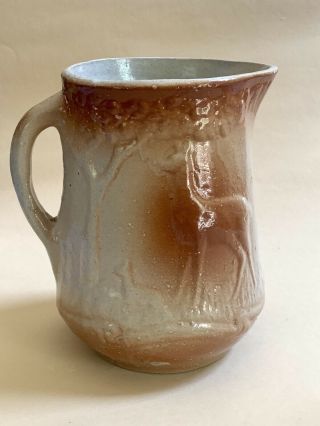 Antique Brown And White Deer Stoneware Pitcher