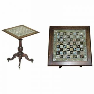 Rare Victorian Hand Carved Chess Table With Decoupage Chess Board Very Ornate