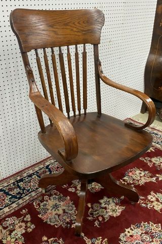 Antique American Golden Oak Slatback Roll Top Office Desk Chair Circa 1880