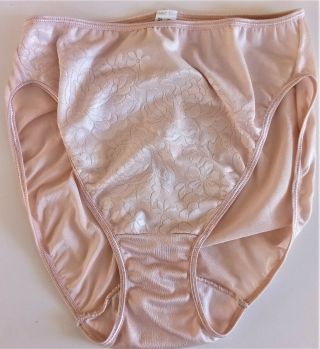Vintage Olga Naked Pink Satin Jacquard Spandex Hi Cut,  Back Seamed Panty L
