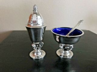 Georg Jensen Sterling Silver Enameled Salt Cellar With Spoon & Pepper Shaker Set