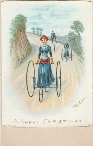Victorian Greeting Card Lady On Bike Raphael Tuck & Sons