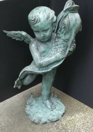 Vintage Huge Bronze Cherub Angel W/ Dolphin Fountain Statue Sculpture Heavy