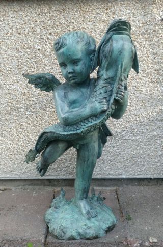 Vintage HUGE Bronze Cherub Angel w/ Dolphin Fountain Statue Sculpture HEAVY 2