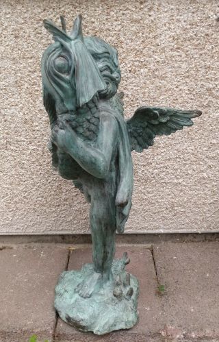 Vintage HUGE Bronze Cherub Angel w/ Dolphin Fountain Statue Sculpture HEAVY 3