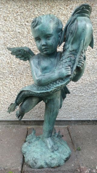 Vintage HUGE Bronze Cherub Angel w/ Dolphin Fountain Statue Sculpture HEAVY 4