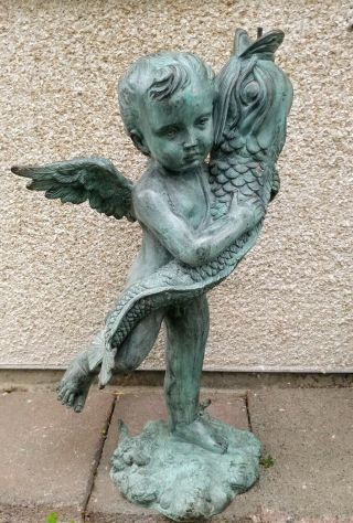 Vintage HUGE Bronze Cherub Angel w/ Dolphin Fountain Statue Sculpture HEAVY 5