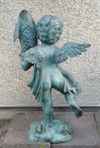 Vintage HUGE Bronze Cherub Angel w/ Dolphin Fountain Statue Sculpture HEAVY 6