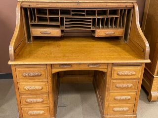 Rolltop Desk American 1890s S Curve Solid Quartered Oak Raised Panel W/ Key