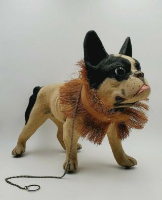 Antique Paper Mache French Bulldog Pull Toy On Wheels