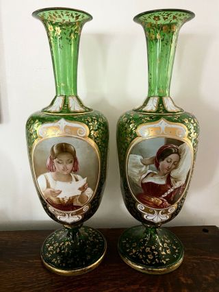 Pair Antique Bohemian Moser Pair Green Glass Vases Hand Painted Portraits,  Gold