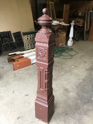 Antique Oak Newell Post Heavily Carved 8 1/8 In.  ² By 58 Inches High Painted