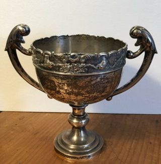 Antique Chinese Sterling Silver Trophy Cup Zee Wo C.  1900 Birds & Cherry Blossoms