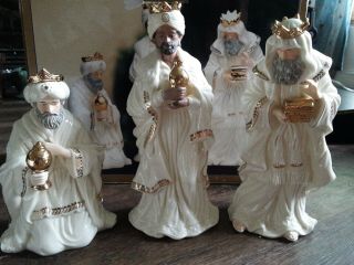 Bon Ton Jade Porcelain Nativity Figurines 3 Wise Men Vintage Gold Accent