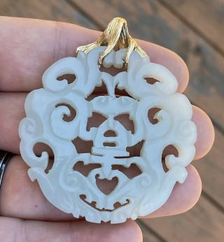 Antique Chinese Carved Jade And 14kt Gold Pendant Qing Dynasty