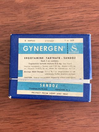 Antique SANDOZ GYNERGEN Box Albert Hofmann Ergotamine Tartrate Delysid LSD acid 4