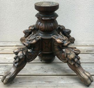 Big Antique French Table Base 19th Century Woodwork Oak Henri Ii Style Chimeras