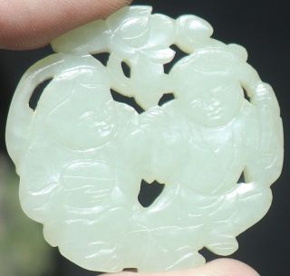 Vintage Chinese Carved Old Jade Stone Disc w/Smiling Children & Lotus Blossoms 5