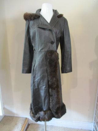Vintage Brown Leather Fur Trim Hooded Coat Sz M