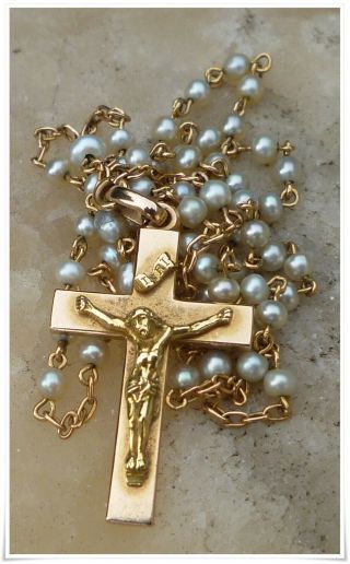 Gorgeous Antique French Religious Rosary Solid 18 K Gold & Pearl 1880