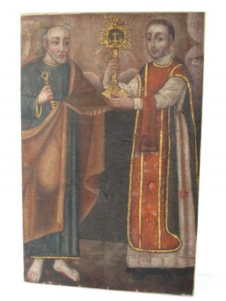 Antique Mexican Spanish Colonial Oil Painting St.  Peter And Priest W/ Monstrance