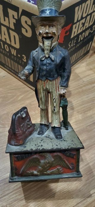 Antique Cast Iron Uncle Sam Mechanical Bank Shepard Missing Back