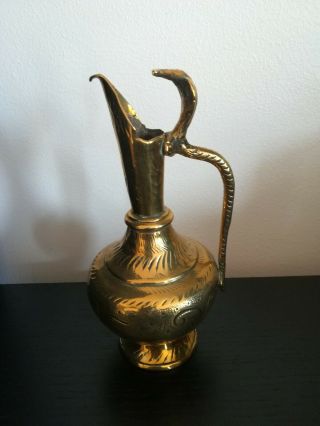 Antique Indian Brass Jug Oriental Flower Vase Cobra Snake Handle Vintage Asian B