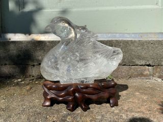 Chinese Late Qing Dynasty Rock Crystal Goose On Hardwood Stand
