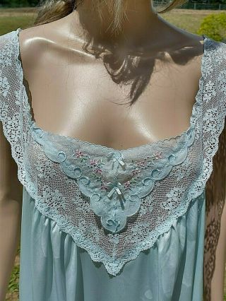 Vintage Vanity Fair,  36,  Pastel Blue Nylon Long Nightgown W/lace