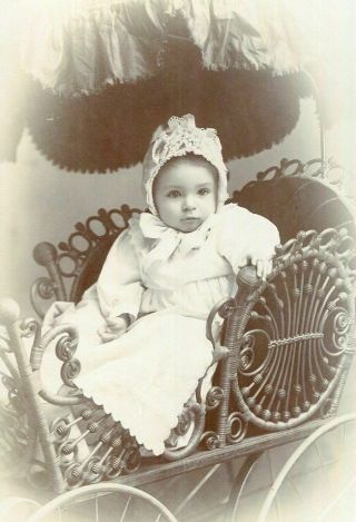 Antique Cabinet Photo Baby W Bonnet In Wicker Carriage W Canopy Oshkosh Wi