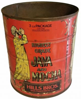 Antique Vintage Hills Bros Java & Mocha Coffee Tin Can 3 Lbs • 1900 • No Lid