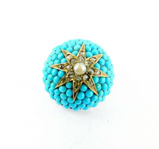 Antique Victorian 15ct Gold Persian Turquoise Diamond Pearl Domed Pendant Brooch