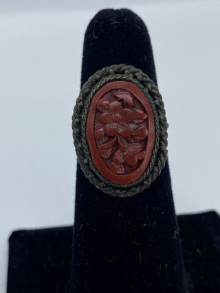 Antique Carved Cinnabar Flower Silver Chinese Ring Sz 7.  5