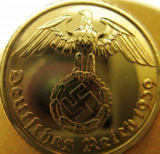 German 10 Reichspfennig 1939 - Gold Coloured - Coin Third Reich - Wwii - Antique Vintage