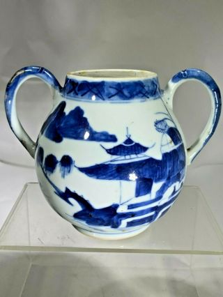 Antique Chinese Export Blue And White Scenic Double Handled Canton Jar