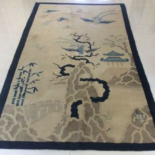 Antique Chinese Peking Rug From 1910 Handmade Beige With Birds