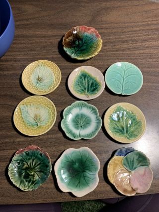 Antique 11 Antique Majolica Pottery Butter Pats - Flowers Leaf Plate Dish