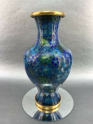 Cloisonne 8” Enameled Cobalt Blue Floral Vase Chinese Asian Jingfa Vintage China