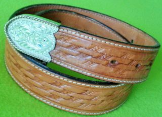 Size 34 Textan Hand Tooled 1 - 1/2 " Wide Belt Sterling Silver Tip Nr