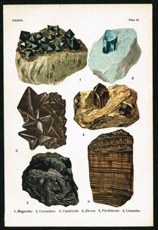 1911 Oxides,  Magnetite,  Zircon,  Limonite,  Geology,  Antique Print - L.  J Spencer