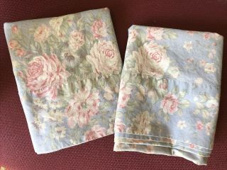 Pair Vintage Ralph Lauren Shelter Island Blue Floral Roses Standard Pillowcases