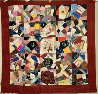 Outstanding Vintage Victorian Antique Crazy Quilt,  American Flag & Dated " 1890 "