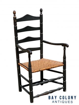 18th C Antique Queen Anne England Ladder Back Arm Chair W/ Splint Seat