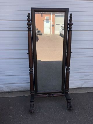 Antique Mahogony Full Length Cheval Dressing Mirror With Hairy Paw Feet
