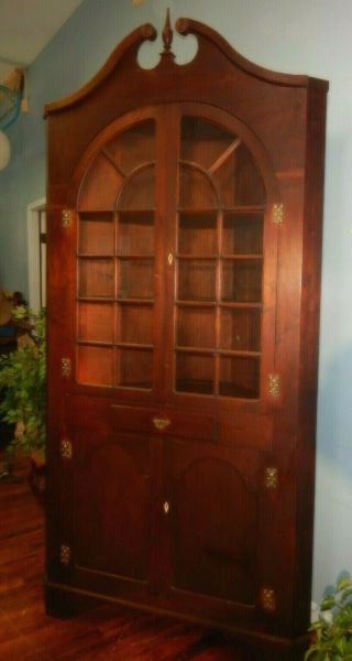 Antique Walnut Corner Cupboard Cabinet 22 Pane Divided Glass Arched Doors